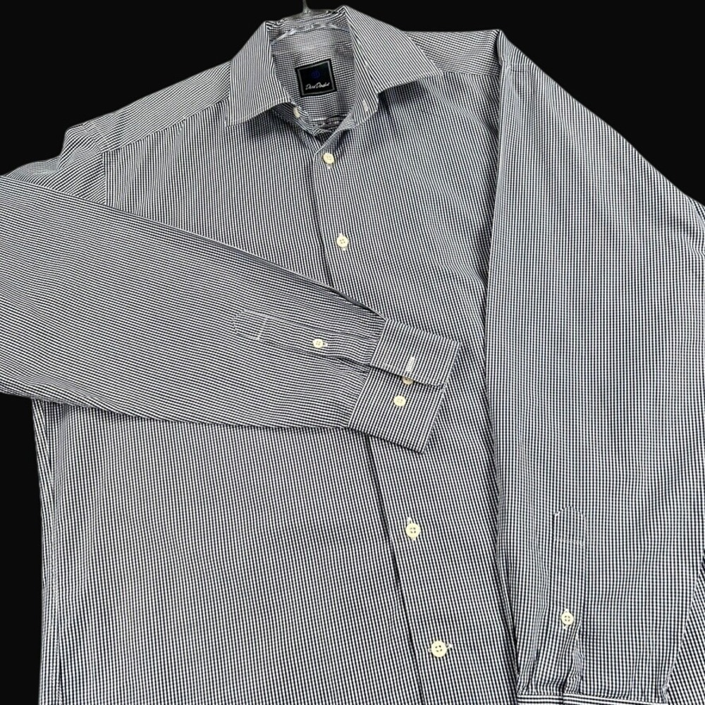 David Donahue Men's Large 16.5 34/35 Gingham Check Shirt Black White Cotton